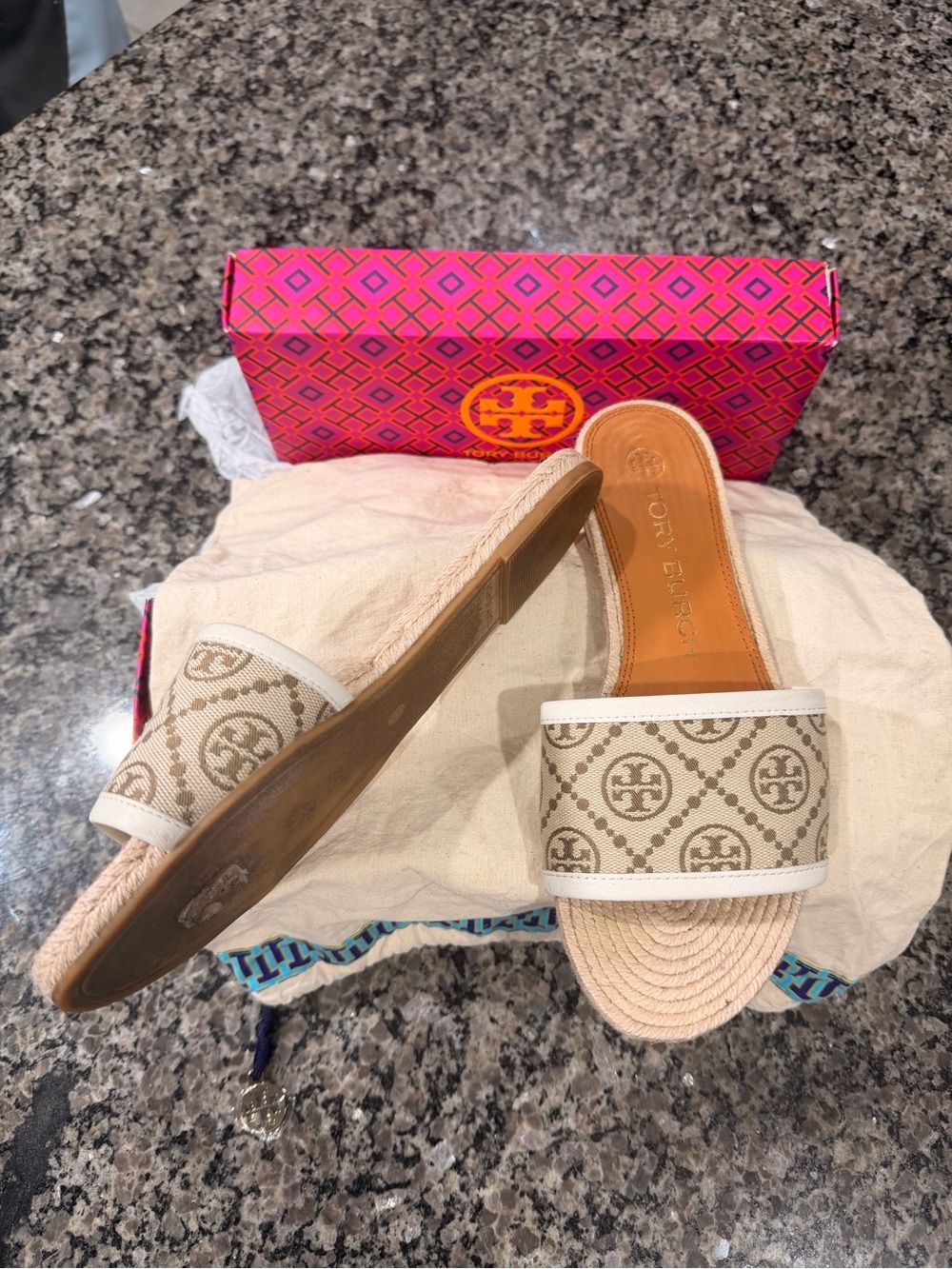 Tory Burch Beige Logo Canvas Slide Sandals - Picture 2 of 4